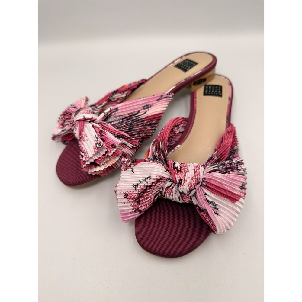 WHBM Liv Fiji Map Crinkle Slide Sandals Pink Floral Pleated Bow Size 8